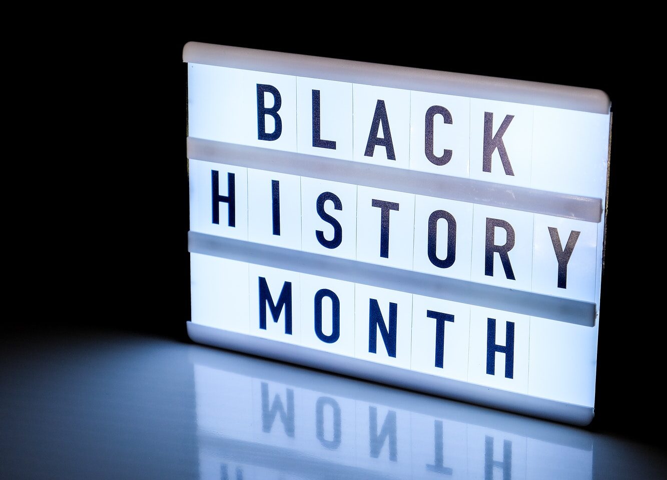 Lightbox with text BLACK HISTORY MONTH on dark black background with mirror reflection. Message