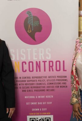 Kheti and Gabrielle Smiling at Reproductive Justice Event for Sisters in Control Black Maternal Infant Health Week