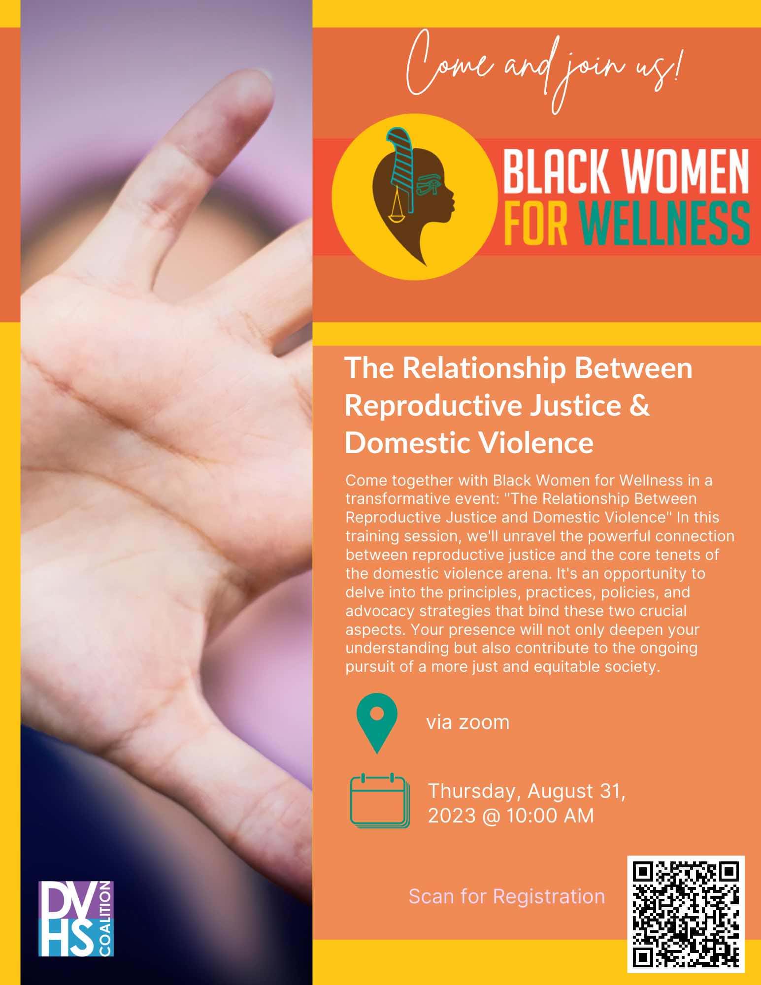 Relationship Between Reproductive Justice Domestic Violence Event Flyer August 31 2023