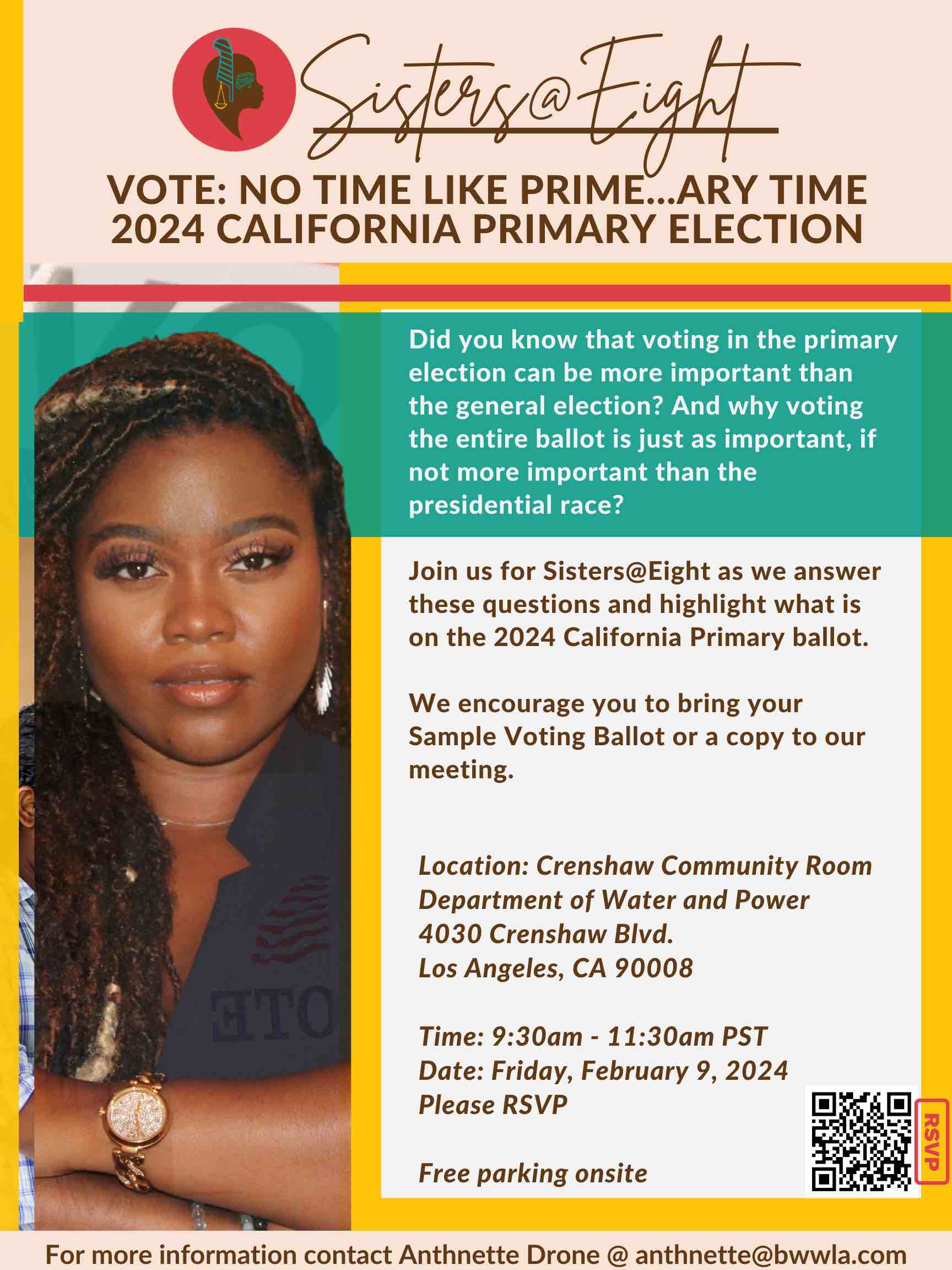 Sisters@Eight 2024 California Primary Election Voting Event Flyer